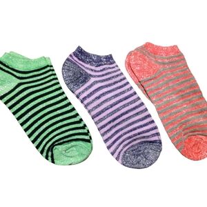 NWOT Set of 3 Sparkly Striped No Show Socks - Large (Size 4-10) - Pink, Purple,
